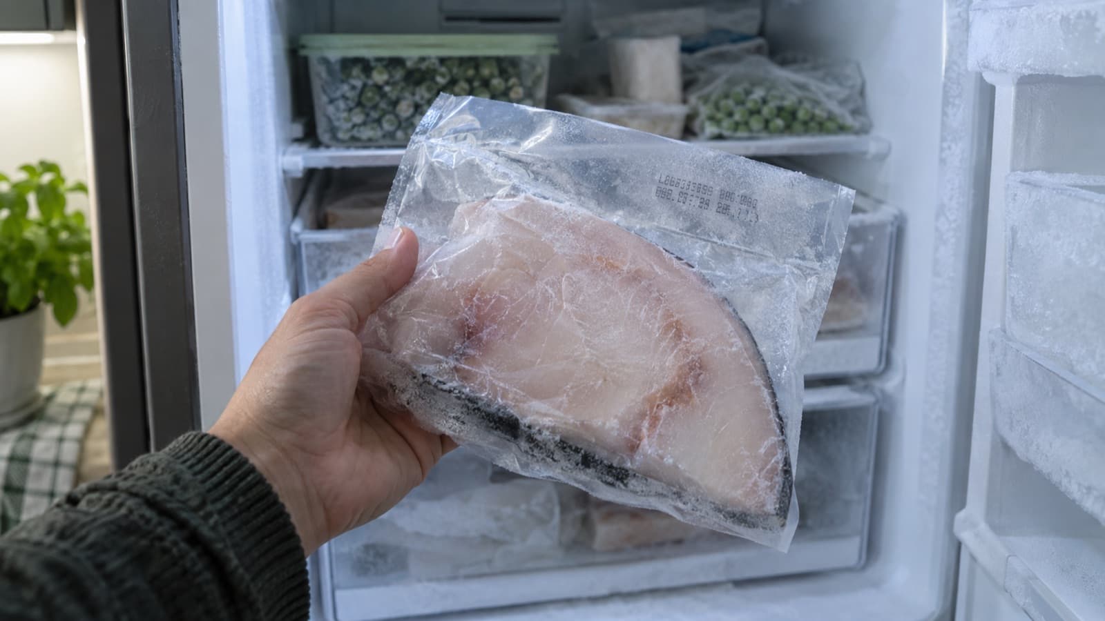 Una mano tiene una confezione di pesce surgelato appena presa da un congelatore aperto, col codice del lotto stampato sulla busta