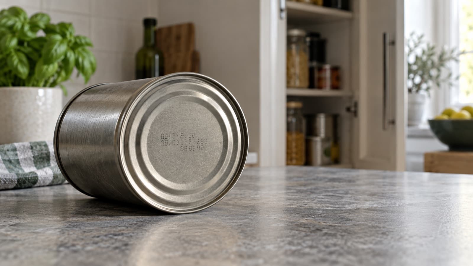 Una scatoletta di conserva senza marca appoggiata di lato sul piano di una cucina, col codice del lotto stampato sul fondo rivolto verso chi guarda