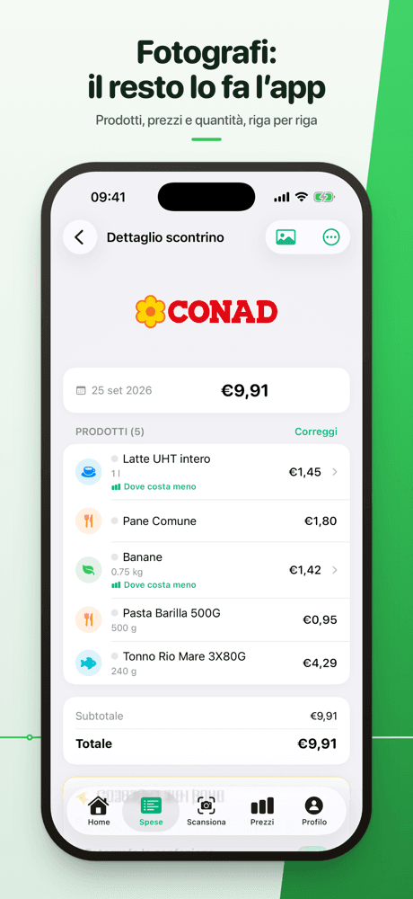 Prodotti, quantità, prezzi e sconti letti dallo scontrino